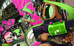 Rule 34 | 1boy, 2girls, beanie, bike shorts, dark skin, dutch angle, fangs, goggles, goggles on head, green hair, gun, hat, headphones, holding, inkling, inkling boy, inkling girl, inkling player character, jumping, layered clothes, layered sleeves, long hair, long sleeves, looking back, multiple girls, nijuumaru, nintendo, open mouth, oversized object, paint roller, paint splatter, pink hair, shirt, shoes, short hair, short over long sleeves, short sleeves, single vertical stripe, smile, sneakers, splat charger (splatoon), splat roller (splatoon), splatoon (series), splatoon 1, sprinkler, squid, sweatdrop, t-shirt, tentacle hair, topknot, weapon
