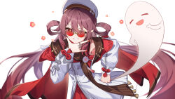 1girl absurdres boo_tao_(genshin_impact) brown_hair brown_scarf chinese_clothes commentary_request flower-shaped_pupils genshin_impact ghost hair_between_eyes hair_rings hat highres holding hu_tao_(cherries_snow-laden)_(genshin_impact) hu_tao_(genshin_impact) jewelry long_hair long_sleeves looking_at_viewer official_alternate_costume ohihil one_eye_closed red-tinted_eyewear red_eyes red_nails red_skirt ring round_eyewear scarf simple_background skirt smile solo sunglasses symbol-shaped_pupils tinted_eyewear twintails very_long_hair white_background white_hat