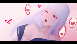 Rule 34 | 1girl, blue eyes, blue sailor collar, breasts, grey hair, heart, heart-shaped pupils, letterboxed, long hair, lying, medium breasts, off shoulder, on back, one eye closed, open clothes, open mouth, open shirt, original, sailor collar, saliva, saliva trail, school uniform, serafuku, shimmer, shirt, solo, spoken heart, symbol-shaped pupils, teeth, tongue, tongue out, upper body, upper teeth only, white shirt