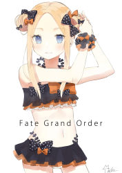 Rule 34 | 1girl, abigail williams (emerald float) (fate), abigail williams (fate), absurdres, arms up, bad id, bad pixiv id, bare arms, bare shoulders, bikini, black bikini, black bow, blue eyes, blush, bow, closed mouth, commentary request, copyright name, emerald float, fate/grand order, fate (series), forehead, gluteal fold, highres, long hair, looking at viewer, navel, official alternate costume, orange bow, parted bangs, polka dot, polka dot bow, sena (illust-cat-love), sidelocks, signature, simple background, smile, solo, swimsuit, white background