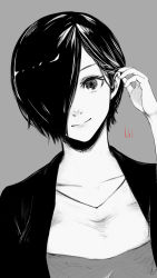 Rule 34 | 1girl, adjusting hair, black jacket, closed mouth, collarbone, commentary request, grey background, greyscale, hair over one eye, tucking hair, hand up, highres, jacket, jewelry, kirishima touka, looking at viewer, monochrome, one eye covered, open clothes, open jacket, shirt, short hair, simple background, smile, solo, tokyo ghoul, tokyo ghoul:re, tomato (akait0mat0), upper body