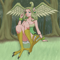Rule 34 | 1girl, aged up, bare shoulders, bird legs, breasts, bush, feathered wings, feathers, flower, forest, grass, green eyes, green hair, green wings, ha-chan (mahou girls precure!), hair flower, hair ornament, half updo, hanami kotoha, harpy, head wings, jungle, long hair, mahou girls precure!, monster girl, nature, on grass, outdoors, precure, scrunchie, sitting, solo, talons, thighs, tree, wings, wrist scrunchie