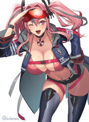 Rule 34 | 1girl, :d, ^ ^, azur lane, bikini, bikini top only, black shorts, blue jacket, blush, bracelet, breasts, bremerton (azur lane), buckle, choker, cleavage, closed eyes, collarbone, commentary request, cropped jacket, cuboon, eyewear on head, hair between eyes, halterneck, hand on own hip, headgear, jacket, jewelry, large breasts, leaning forward, midriff, mole, mole on breast, mole under eye, multicolored hair, navel, navel piercing, one eye closed, open clothes, open jacket, open mouth, piercing, pink bikini, pink hair, red-tinted eyewear, red eyes, salute, short shorts, shorts, sidelocks, smile, snap-fit buckle, solo, strap, streaked hair, sunglasses on head, swimsuit, thighhighs, thighs, tinted eyewear, two side up