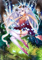 Rule 34 | 1girl, blue eyes, bow, breasts, bug, butterfly, covered erect nipples, dress, glowing, high heels, insect, long hair, looking at viewer, medium breasts, original, thighhighs, very long hair, white hair, white thighhighs, yamanashi kawanashi