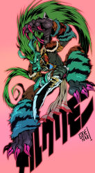 Rule 34 | 1boy, black bodysuit, bodysuit, chaps, character name, claws, commentary request, digimon, digimon (creature), fang, full body, green fur, green hair, holding, holding knife, knife, long hair, male focus, mask, mercurymon, muscular, muscular male, oden (odenzzi), open mouth, pelvic curtain, shoulder pads, signature, simple background, solo, tassel, very long hair, weapon, yellow eyes