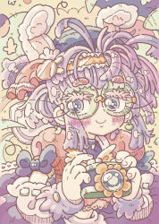 Rule 34 | 1girl, animal ears, blue bow, blue eyes, blue headwear, blush, bow, camera, closed mouth, colored eyelashes, commentary request, detached sleeves, extra ears, eyelashes, eyes visible through hair, frilled hairband, frills, glasses, hair ornament, hairband, highres, holding, holding camera, kani tenshinhan, looking at viewer, orange hairband, original, puffy short sleeves, puffy sleeves, purple hair, rabbit ears, red shirt, rimless eyewear, round eyewear, shirt, short sleeves, sidelocks, smile, solo, upper body