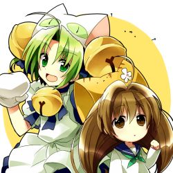 Rule 34 | 2girls, :d, :x, animal ears, animal hat, apron, bell, blue dress, blue sailor collar, bow, bowtie, brown eyes, brown hair, cat ears, cat hat, child, clenched hand, dejiko, di gi charat, dress, fang, gema, green eyes, green neckwear, hair bell, hair ornament, hair over eyes, hat, mittens, multiple girls, neckerchief, open mouth, puchiko, sailor collar, shirt, simple background, skin fang, smile, toro (shiro), white apron, white background, white mittens, white shirt