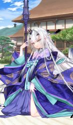 Rule 34 | 1girl, blue kimono, choco (chocolate shop), choker, commentary request, craft essence (fate), fate/grand order, fate (series), hair ornament, holding, holding polearm, holding weapon, japanese clothes, kimono, long hair, melusine (dream portrait) (fate), melusine (fate), multicolored clothes, multicolored kimono, official alternate costume, official art, patterned clothing, polearm, purple kimono, side slit, solo, spear, very long hair, weapon, white hair, yellow eyes