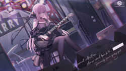 Rule 34 | 1girl, amplifier, black thighhighs, blue eyes, blunt bangs, bocchi the rock!, commission, cross-laced clothes, cross-laced dress, cube hair ornament, dress, drum, drum set, electric guitar, english text, frilled dress, frills, gibson les paul, gotoh hitori, guitar, hair ornament, highres, instrument, jewelry, lace, lace-trimmed dress, lace trim, light particles, microphone, microphone stand, one side up, parted lips, pink hair, ring, sidelocks, sitting, smile, solo, stage, stage lights, stool, thighhighs, umehara sei, watermark
