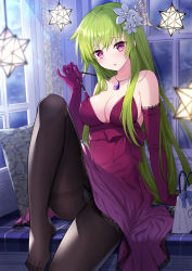 Rule 34 | 1girl, bag, bed, bent over, black panties, black pantyhose, blush, bobbles, breasts, choker, clothes pull, curtains, dress, dress pull, flower, green hair, hair flower, hair ornament, hairclip, hairpin, highres, jewelry, long hair, looking at viewer, moe2021, necklace, noma (kifyz23), on bed, open mouth, original, panties, pantyhose, pantyshot, pillow, red dress, red eyes, sitting, small stellated dodecahedron, solo, star (symbol), suspension, underwear, very long hair, white bag, window