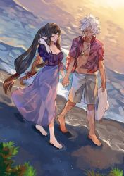 Rule 34 | 1boy, 1girl, alternate costume, amakusa shirou (fate), barefoot, beach, black hair, blush, breasts, cleavage, commentary request, cross, cross necklace, dark skin, dark-skinned male, closed eyes, fate/apocrypha, fate (series), floral print, holding hands, jewelry, large breasts, long hair, necklace, ocean, outdoors, pointy ears, sand, semiramis (fate), smile, very long hair, water, white hair, yinghuo