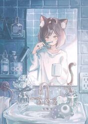 Rule 34 | 1girl, animal ear fluff, animal ears, bathroom, blue eyes, brown hair, brushing teeth, cat ears, cat girl, cat tail, creature, cup, faucet, highres, holding, holding toothbrush, long sleeves, mirror, mug, original, popepopo999, reflection, reflection focus, shirt, short hair, sink, soap bottle, tail, toothbrush, toothbrush in mouth, towel, towel rack, water, white shirt
