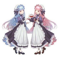 Rule 34 | 2girls, apron, blue eyes, blue footwear, bow, cherico, cup, gradient hair, hair bow, hat, holding, holding cup, holding saucer, holding teapot, kotonoha akane, kotonoha aoi, looking at viewer, maid, maid apron, mary janes, mob cap, multicolored hair, multiple girls, open mouth, pink eyes, pink hair, red footwear, saucer, shoes, simple background, smile, teacup, teapot, voiceroid, white background