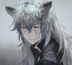 Rule 34 | 1girl, absurdres, animal ears, arknights, black jacket, closed mouth, commentary, grey eyes, grey hair, highres, jacket, lappland (arknights), long hair, looking at viewer, outdoors, qmiqun, rain, scar, scar across eye, solo, symbol-only commentary, upper body, wet, wet clothes, wet hair, wet jacket, wolf ears, wolf girl