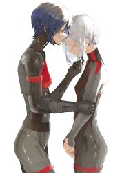 Rule 34 | 2girls, android, ariane yeong, artist request, blue hair, closed eyes, cyberpunk, elster (signalis), highres, joints, mechanical parts, metal skin, multiple girls, robot girl, robot joints, science fiction, short hair, signalis, uniform, white hair, yuri