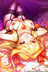 Rule 34 | 1girl, artist name, between breasts, blonde hair, blush, bra, breasts squeezed together, breasts, candy, cat shi, cleavage, copyright name, flower, food, garter belt, garter straps, hair ribbon, lollipop, long hair, looking at viewer, lying, mouth hold, nail polish, on back, panties, purple thighhighs, red bra, red eyes, red panties, ribbon, rose, schindler k eru, solo, sword girls, thighhighs, twintails, underwear, underwear only, upside-down