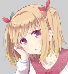 Rule 34 | 10s, 1girl, blonde hair, bow, eyebrows, furuhiro, hair bow, hand on own cheek, hand on own face, iijima yun, long sleeves, new game!, open mouth, red eyes, solo, two side up