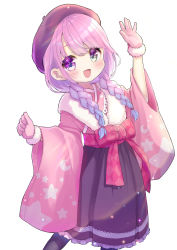 Rule 34 | 1girl, :d, apron, beret, blush, braid, chocomarybadend, clenched hand, fur-trimmed gloves, fur scarf, fur trim, gloves, gradient hair, green eyes, hakama, hakama short skirt, hakama skirt, hat, heterochromia, highres, himemori luna, himemori luna (new year), hololive, japanese clothes, kimono, long hair, looking at viewer, low twin braids, multicolored hair, official alternate costume, open mouth, pantyhose, pink gloves, pink hair, pink kimono, purple eyes, purple hair, skirt, smile, solo, thighhighs, twin braids, virtual youtuber, waist apron, waving, wide sleeves