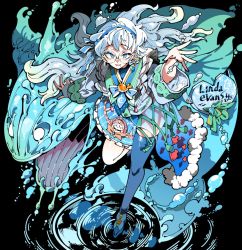Rule 34 | 1girl, black background, blue eyes, commission, fish, glasses, kafun, water, white hair