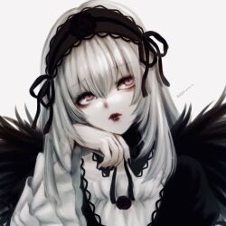 Rule 34 | 1girl, black dress, black nails, black wings, dress, expressionless, flower, frilled sleeves, frills, gothic lolita, grey hair, hairband, head rest, highres, juliet sleeves, kiru (m putorius), lolita fashion, lolita hairband, long hair, long sleeves, looking up, pink eyes, puffy sleeves, red lips, rose, rozen maiden, simple background, solo, suigintou, upper body, white background, wide sleeves, wings