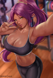 Rule 34 | 1futa, arm up, armpits, artist name, bare shoulders, black pants, black sports bra, bleach, blurry, blurry background, breasts, bulge, cleavage, collarbone, cowboy shot, dark-skinned female, dark skin, exlic, foreshortening, futanari, gym, halterneck, high ponytail, highres, huge breasts, indoors, lips, long hair, looking at viewer, navel, outstretched arm, pants, parted lips, ponytail, purple hair, seductive smile, shihouin yoruichi, smile, solo, sports bra, sportswear, stomach, sweat, sweatdrop, toned, v, very long hair, weights, yellow eyes, yoga pants