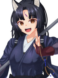 Rule 34 | 1girl, :d, animal ears, arknights, beads, black hair, blue kimono, brown eyes, commentary, dog ears, facial mark, forehead mark, hand up, highres, ikutachi, japanese clothes, kimono, looking at viewer, open mouth, prayer beads, saga (arknights), simple background, smile, solo, upper body, white background