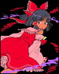 Rule 34 | ascot, black background, black hair, bow, closed mouth, detached sleeves, discowars, frilled bow, frilled skirt, frills, hair bow, hair tubes, hakurei reimu, half updo, japanese clothes, looking back, miko, nontraditional miko, red bow, red shirt, red skirt, ribbon-trimmed sleeves, ribbon trim, shirt, sidelocks, skirt, sleeveless, sleeveless shirt, solo, touhou, yellow ascot