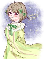 Rule 34 | 1girl, arms behind back, artist name, artist request, blush, bow, bowtie, breasts, brown hair, collar, dress, female focus, frilled collar, frilled sleeves, frills, green bow, green ribbon, grey hair, hair bow, hair ribbon, highres, light brown hair, long sleeves, looking at viewer, love live!, love live! nijigasaki high school idol club, love live! school idol festival, miniskirt, mutekikyuu believer, nakasu kasumi, neck ribbon, neck ruff, parted lips, pink eyes, plaid, plaid dress, plaid skirt, pleated, pleated dress, pleated skirt, puffy long sleeves, puffy sleeves, purple eyes, ribbon, short hair, skirt, sleeves past wrists, small breasts, smile, solo, star (sky), striped clothes, striped dress, vertical-striped clothes, vertical-striped dress, white detached collar, yellow dress, yellow skirt
