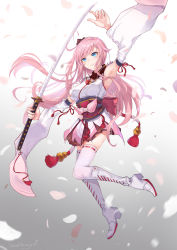 Rule 34 | 1girl, absurdres, artist name, black skirt, blue eyes, boots, cherry blossoms, commentary request, detached sleeves, full body, hair ornament, highres, holding, holding sword, holding weapon, japanese clothes, kaer sasi dianxia, katana, kimono, long hair, original, pink hair, short kimono, skirt, sleeveless, smile, solo, sword, thighhighs, weapon, white footwear, white sleeves, white thighhighs, wide sleeves, zettai ryouiki