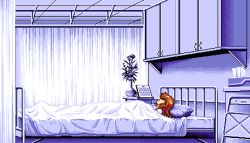 Rule 34 | 1990s (style), 1girl, 5 jikanme no venus, bed, brown hair, curtains, fairy dust, flower, game cg, in bed, indoors, long hair, lowres, lying, on back, pc98, pillow, pixel art, retro artstyle, solo, tagme, tissue box, vase