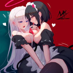 Rule 34 | 2girls, angel girl (shimmer), apron, artist logo, black-haired demon girl (shimmer), black dress, black hair, black thighhighs, blue eyes, breasts, breasts out, demon girl, demon horns, demon tail, dress, hair censor, halo, hand up, heart, heart-shaped pupils, highres, horns, large breasts, maid, maid apron, maid headdress, multiple girls, nail polish, off shoulder, open mouth, original, red background, red eyes, red nails, saliva, saliva trail, shimmer, simple background, symbol-shaped pupils, tail, thighhighs, white apron, white hair, yuri