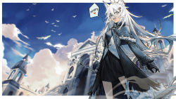 Rule 34 | 1girl, absurdres, animal ear fluff, animal ears, arknights, black coat, black dress, black gloves, blue sky, border, building, church, coat, cowboy shot, day, dress, english text, gloves, grey background, grey hair, hair between eyes, heart, highres, koli (ssssoliko), lappland (arknights), lappland (refined horrormare) (arknights), long hair, long sleeves, looking at viewer, official alternate costume, open clothes, open coat, open mouth, outdoors, outside border, scar, scar across eye, scar on face, sky, solo, speech bubble, sword, very long hair, weapon, white border, wolf ears