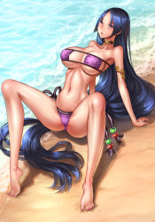Rule 34 | 1girl, absurdres, arm support, armlet, armpits, barefoot, beach, bikini, blue eyes, blue hair, blush, breasts, cameltoe, choker, day, eyepatch bikini, fate/grand order, fate (series), feet, full body, highres, large breasts, long hair, looking at viewer, minamoto no raikou (fate), navel, parted lips, purple bikini, sand, sitting, solo, spread legs, stomach, swimsuit, toes, very long hair, youbou