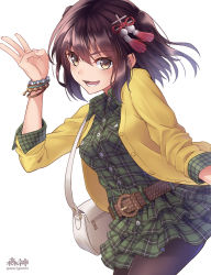 Rule 34 | 10s, 1girl, artist name, bag, bead bracelet, beads, belt, black pantyhose, bracelet, breasts, brown eyes, brown hair, buttons, casual, collared dress, cowboy shot, dress, eyebrows, fashion, fingernails, hair between eyes, hair ornament, jacket, jewelry, kantai collection, layered dress, leaning forward, long sleeves, looking at viewer, morigami (morigami no yashiro), nail polish, ok sign, open clothes, open jacket, open mouth, pantyhose, plaid, plaid dress, plaid shirt, pleated dress, sendai (kancolle), sendai kai ni (kancolle), shirt, short dress, short hair, shoulder bag, simple background, sleeves rolled up, small breasts, smile, solo, tassel, twitter username, two side up, w, white background, wing collar, yellow jacket