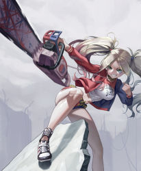 Rule 34 | 1girl, ass, asymmetrical jacket, belt, blonde hair, blue eyes, blue hair, chainsaw, clenched teeth, cloud, cloudy sky, cross-laced footwear, dc comics, debris, eyeliner, feet out of frame, full body, gold trim, grey hair, hair ornament, harley quinn, highres, holding, holding chainsaw, long sleeves, makeup, manda (luts7602), midriff, multicolored eyes, multicolored hair, navel, open mouth, parted bangs, red hair, shoes, shorts, sidelocks, sky, slit pupils, sneakers, solo, streaked hair, teeth, thighs, twintails, v-shaped eyebrows, western comics (style)