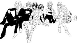 Rule 34 | 6+boys, :d, all fours, androgynous, animal print, arm support, arrow (symbol), bare shoulders, belt, between legs, book, bruno bucciarati, cleavage cutout, closed mouth, clothing cutout, curly hair, earrings, expressionless, full body, giorno giovanna, greyscale, guido mista, hair between eyes, hairband, hand between legs, hat, heart cutout, holding, holding book, invisible chair, jewelry, jojo no kimyou na bouken, kneehighs, leone abbacchio, long sleeves, looking at viewer, male focus, monochrome, multiple boys, nakagawa waka, narancia ghirga, necktie, open book, open mouth, pannacotta fugo, pants, pantyhose, profile, simple background, sitting, skirt, smile, socks, tiger print, trish una, vento aureo, white background, wristband