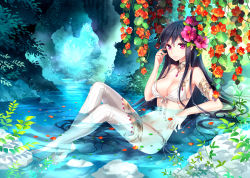 Rule 34 | 1girl, arm up, armlet, bad id, bad pixiv id, bare shoulders, barefoot, bikini, black hair, blush, breasts, cave, cleavage, colorful, crossed ankles, feet, flower, front-tie top, hair between eyes, hair flower, hair ornament, hibiscus, highres, jewelry, large breasts, lips, long hair, looking at viewer, nardack, navel, original, partially submerged, petals, pink eyes, purple eyes, side-tie bikini bottom, sitting, smile, solo, striped clothes, striped thighhighs, swimsuit, thighhighs, toeless legwear, toenails, toes, vertical-striped clothes, vertical-striped thighhighs, very long hair, water, wet, white bikini, white thighhighs