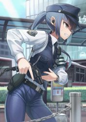 Rule 34 | 1girl, armband, black necktie, blue hair, blue hat, clenched teeth, commentary request, day, from side, grey eyes, gun, handgun, hat, highres, holding, holding gun, holding weapon, holster, long hair, long sleeves, necktie, original, outdoors, pants, police, police hat, police uniform, policewoman, ponytail, profile, samaru (seiga), shirt, sidelocks, sky, solo, sweat, teeth, uniform, vest, watch, weapon, weapon request, white shirt, wristwatch