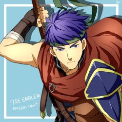 Rule 34 | 1boy, armor, blue background, blue eyes, blue hair, fire emblem, fire emblem: radiant dawn, green headband, headband, highres, ike (fire emblem), looking at viewer, male focus, nintendo, shoulder armor, sword, weapon, yusya6 fe