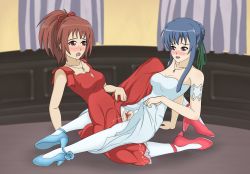 Rule 34 | 2girls, absurdres, aoi nagisa, arm support, blue footwear, blue hair, blue necklace, blush, breasts, clothed sex, clothes lift, couple, dress, dress lift, eye contact, flower, green ribbon, hair bun, hair ornament, high heels, highres, jewelry, leaning back, long hair, looking at another, medium breasts, multiple girls, necklace, no panties, pantyhose, pussy juice, red dress, red footwear, red hair, red necklace, red ribbon, ribbon, setrakian draws, shoes, single hair bun, strawberry panic!, suzumi tamao, torn clothes, torn legwear, tribadism, u00e9toile, uncensored, white dress, yuri