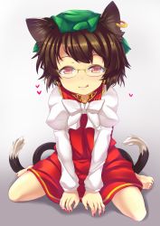 Rule 34 | 1girl, :q, animal ears, barefoot, bespectacled, blush, bow, bowtie, brown hair, cat ears, cat girl, cat tail, chen, dress, earrings, glasses, hat, heart, highres, jewelry, juliet sleeves, konata gazel, long sleeves, looking at viewer, mob cap, multiple tails, nail polish, puffy sleeves, red dress, red eyes, red nails, short hair, single earring, sitting, solo, spread legs, tail, tongue, tongue out, touhou, two tails, v arms, white bow, white bowtie