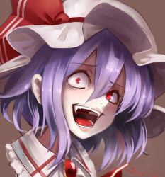 Rule 34 | 1girl, ascot, brooch, crazy eyes, crazy laugh, fami (yellow skies), fangs, hat, hat ribbon, highres, jewelry, looking at viewer, mob cap, portrait, purple hair, red eyes, red ribbon, remilia scarlet, ribbon, shirt, short hair, solo, touhou, upper body