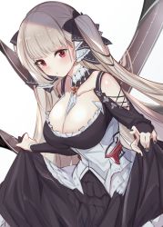 Rule 34 | 1girl, :t, absurdres, azur lane, b b b b66, bare shoulders, between breasts, black dress, blush, breasts, cleavage, dress, earrings, flight deck, formidable (azur lane), frilled dress, frills, grey hair, hair ornament, hair ribbon, highres, jewelry, large breasts, leaning forward, long hair, long sleeves, looking at viewer, mujinbensin, nail polish, pouty lips, red eyes, ribbon, rigging, simple background, skirt hold, solo, twintails, white background