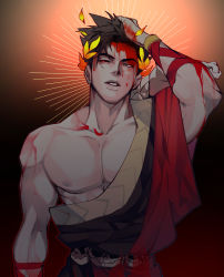 Rule 34 | 1boy, absurdres, ancient greek clothes, bare pectorals, belt, black hair, black sclera, blood, blood on face, bracelet, chengzhineixihuanxiaogou, colored sclera, gradient background, greco-roman clothes, green eyes, hades (series), hades 1, hand on own head, hand up, heterochromia, highres, jewelry, laurel crown, male focus, nipples, parted lips, pectorals, red eyes, short hair, single bare shoulder, skull, solo, teeth, toned, toned male, zagreus (hades)
