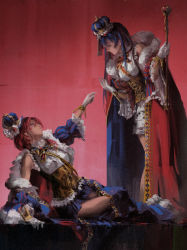 Rule 34 | 10s, 2girls, alternate costume, arm support, blue hair, bow, closed mouth, corset, crown, facial mark, frills, from side, fur trim, gloves, hair between eyes, heart, holding, leaning back, leaning forward, light smile, long hair, looking at another, looking down, looking up, love live!, love live! school idol festival, love live! school idol project, multiple girls, nishikino maki, off shoulder, outstretched arm, pleated skirt, profile, puff and slash sleeves, puffy sleeves, purple eyes, reaching, red hair, royal robe, sash, shirt, sitting, skirt, sonoda umi, standing, stu dts, white gloves, white shirt, yellow eyes