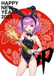 Rule 34 | 1girl, 2023, alcohol, animal ears, bare shoulders, black leotard, breasts, champagne, champagne bottle, detached collar, fake animal ears, fate/grand order, fate (series), gluteal fold, happy new year, helena blavatsky (fate), highleg, highleg leotard, highres, leotard, looking at viewer, matsuryuu, new year, one eye closed, open mouth, playboy bunny, purple eyes, purple hair, rabbit ears, short hair, small breasts, smile, solo, wrist cuffs