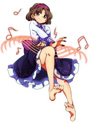 Rule 34 | 1girl, absurdres, baba (baba seimaijo), barefoot, black skirt, brown eyes, brown hair, collared shirt, commentary request, feet, frilled skirt, frills, full body, hairband, high-waist skirt, highres, instrument, jewelry, long sleeves, looking at viewer, lute (instrument), musical note, ring, shirt, short hair, skirt, smile, solo, tachi-e, touhou, transparent background, tsukumo yatsuhashi, white shirt