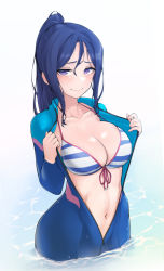 Rule 34 | 1girl, bikini, blue bikini, blue hair, blush, bodysuit, breasts, cleavage, closed mouth, diving suit, front-tie bikini top, front-tie top, hands up, large breasts, looking at viewer, love live!, love live! sunshine!!, matsuura kanan, nasuno (nasuno42), navel, open bodysuit, open clothes, ponytail, purple eyes, smile, solo, standing, striped bikini, striped clothes, swimsuit, unzipped, wading, wet, wet hair, wetsuit