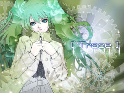 Rule 34 | 1girl, alternate costume, blue eyes, female focus, gears, green hair, hatsune miku, jacket, looking at viewer, saitou tomoaki, solo, twintails, vocaloid