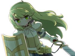 Rule 34 | 1girl, armor, armored dress, black dress, breastplate, closed mouth, commentary request, copyright request, dress, gauntlets, green eyes, green hair, hair between eyes, hair ornament, highres, holding, holding sword, holding weapon, kate (7th dragon), knight (7th dragon), long hair, looking at viewer, naga u, shield, simple background, solo, striped clothes, striped dress, sword, vertical-striped clothes, vertical-striped dress, very long hair, weapon, white background, x hair ornament